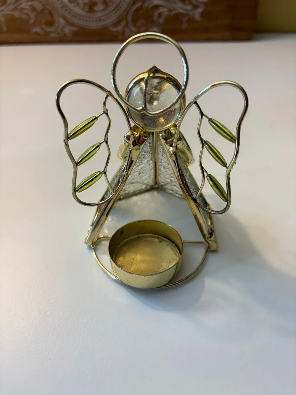Vintage Stained Glass Angel Tea Light Candle Holders Set of 2 Christmas Brass Mu
